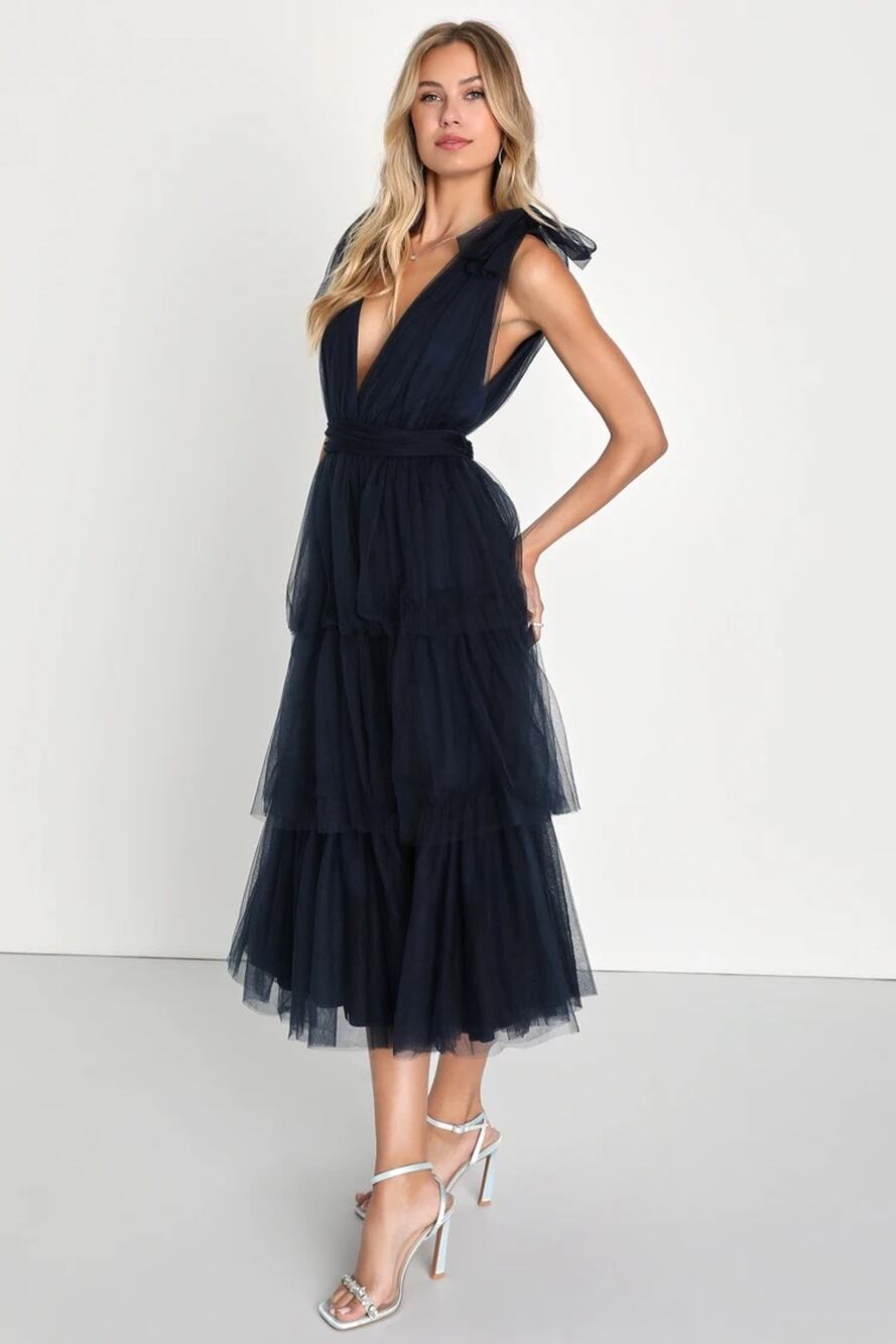 NWT Lulus Flawless Arrival Navy Blue Tulle Tie-Strap Tiered Maxi Dress Size L
